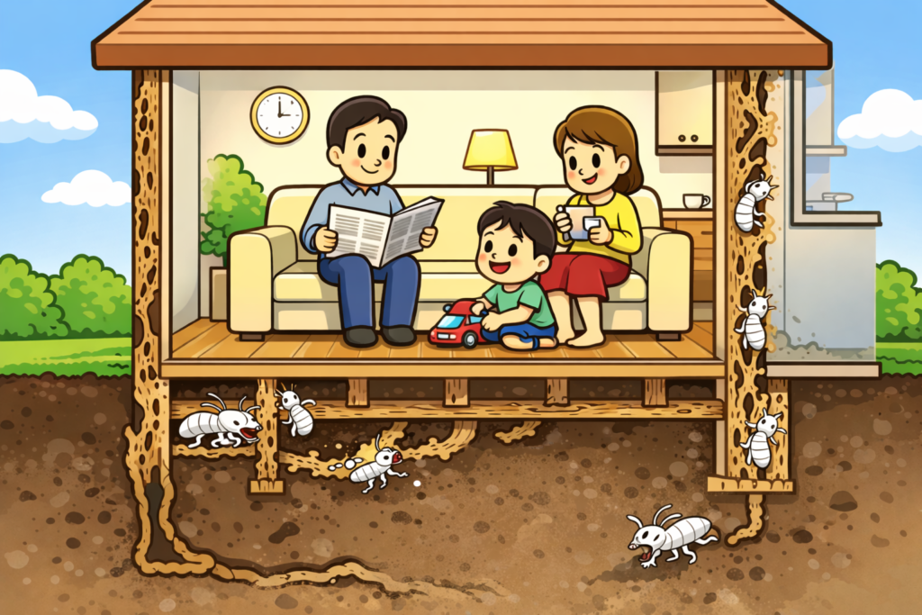 シロアリ被害というと、「羽アリが大量に出る」「床が抜ける」といった、分かりやすい状況を想像される方が多いかもしれません。しかし実際のシロアリ被害は、そのような状態になるずっと前から静かに進行しています。 シロアリは床下や壁の内部、土台など、人の目に触れない場所を中心に活動します。そのため、外見上は何の異常もないまま、住宅の内部だけが少しずつ侵食されていくケースが少なくありません。