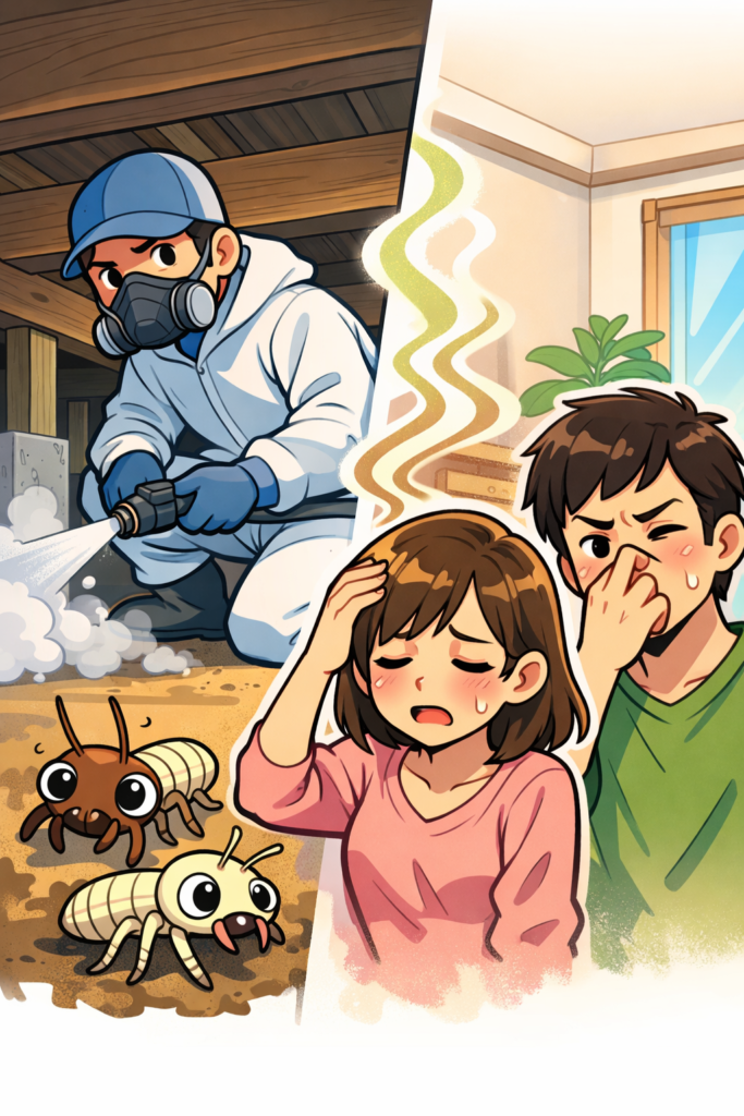 シロアリ駆除の薬剤は危険？臭いや気分が悪くなる原因、人体への影響をプロが解説。施工後の対策や安心して依頼するためのチェックポイントも紹介します。